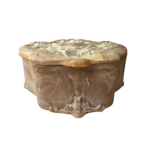 Vintage Carved Incolay Stone Pink Jewelry Trinket Box with Velvet Lining - Picture 2 of 7